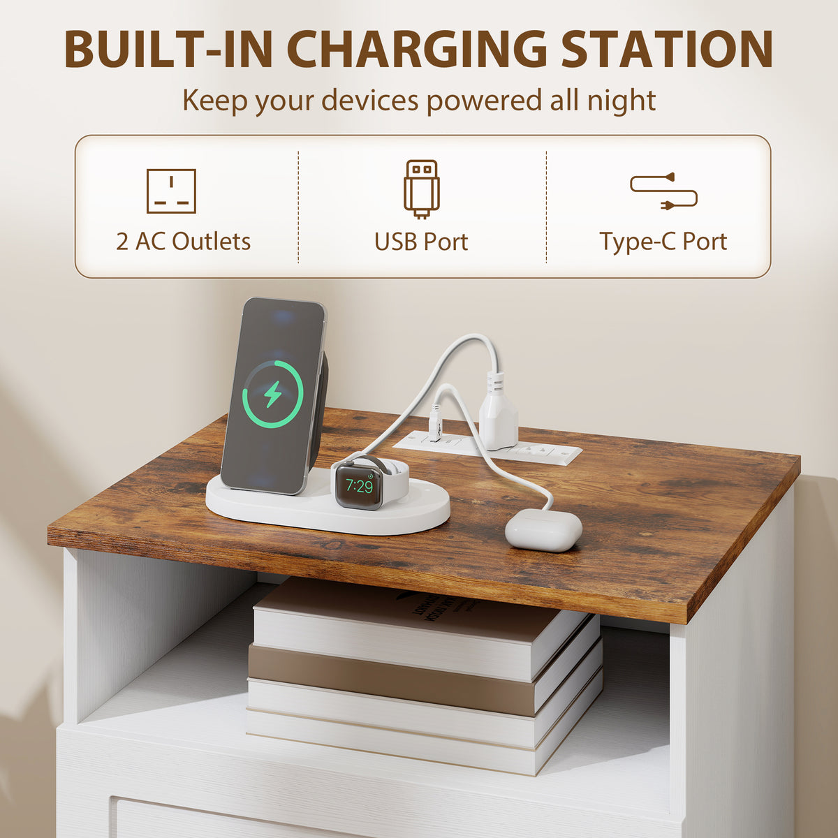 Nightstands with Charging Station and 2 Drawers, Set of 2 – 20"W x 24"H