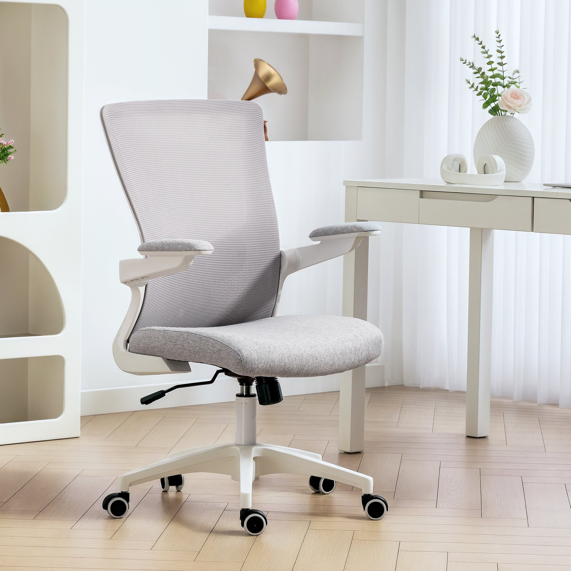 Ergonomic Swivel Office Chair with Adjustable Lumbar Support, Flip-Up Armrests, Wheels