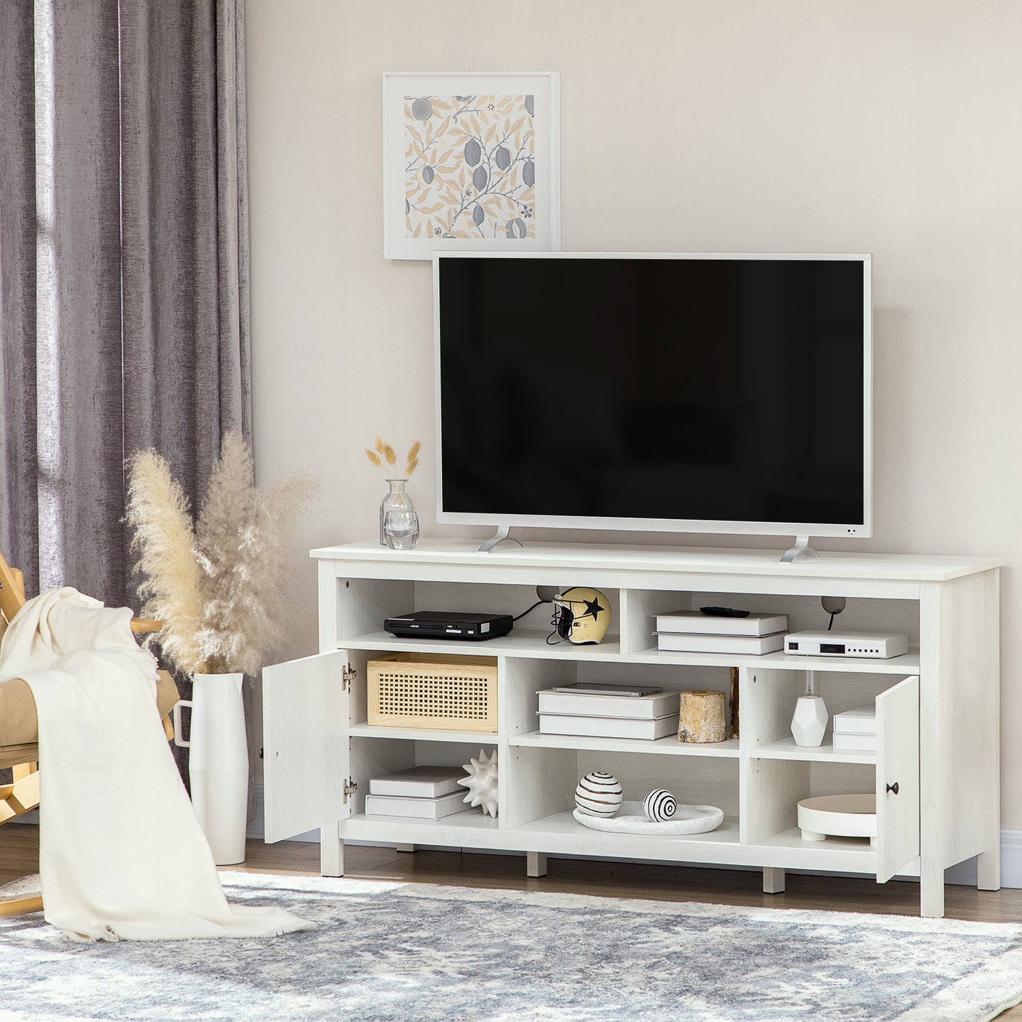 HOMCOM Modern White TV Stand for 65-inch TVs, Storage Shelves & Cabinets, Cable Management