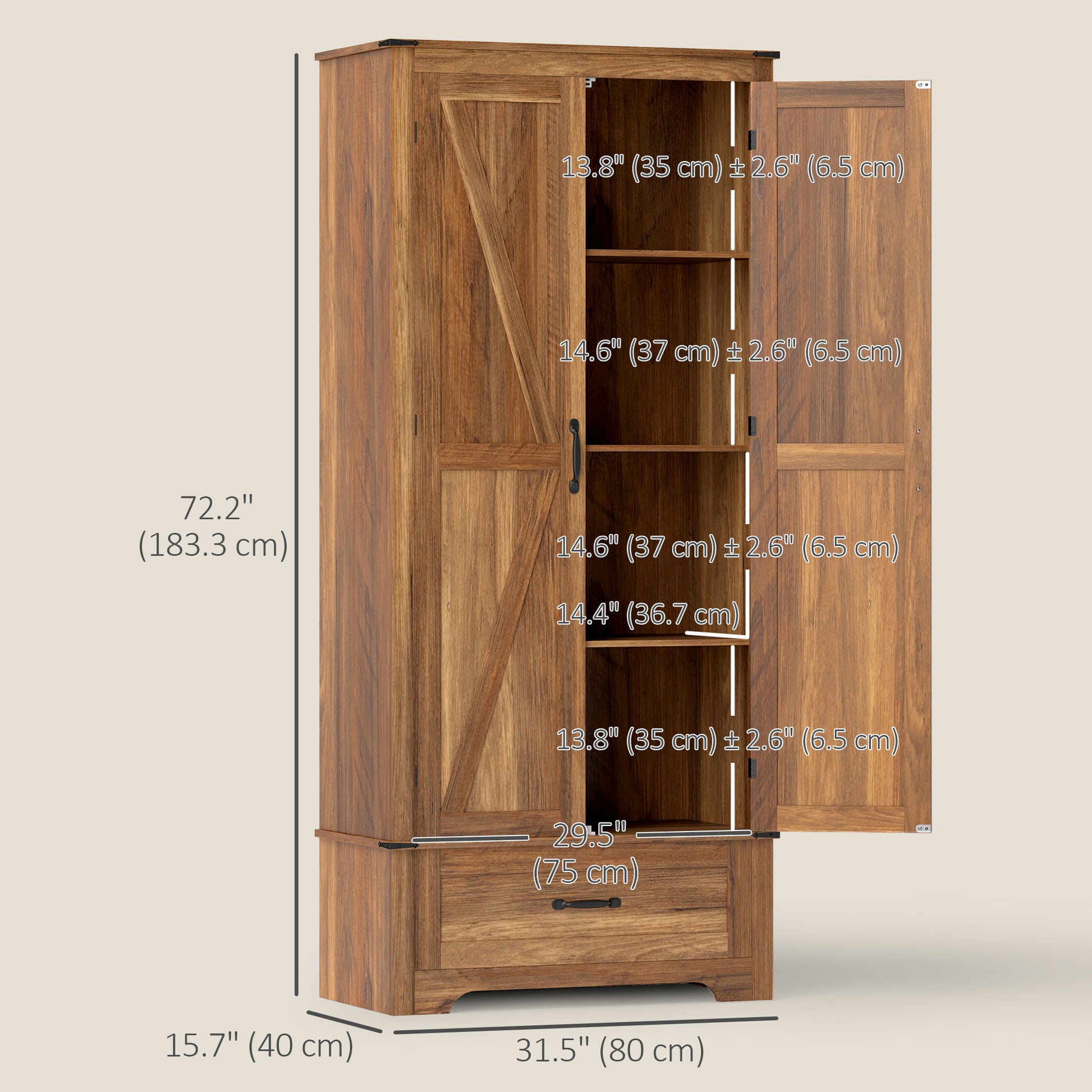 HOMCOM 72" Farmhouse Pantry Cabinet with Adjustable Shelves, Brown