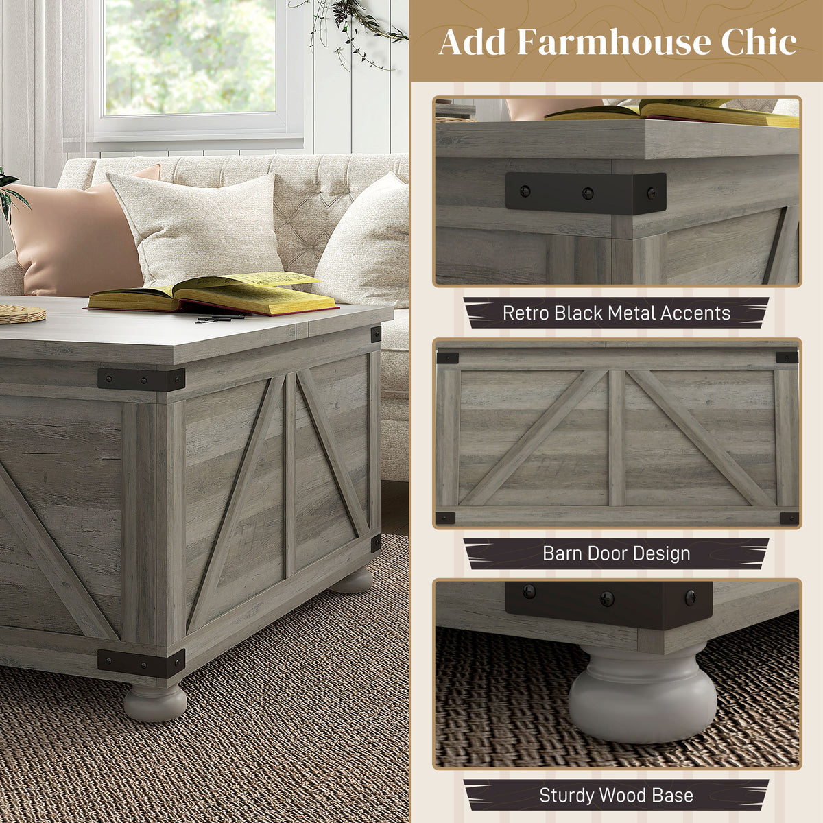 Farmhouse Square Coffee Table with Flip-Top Lids and Hidden Storage