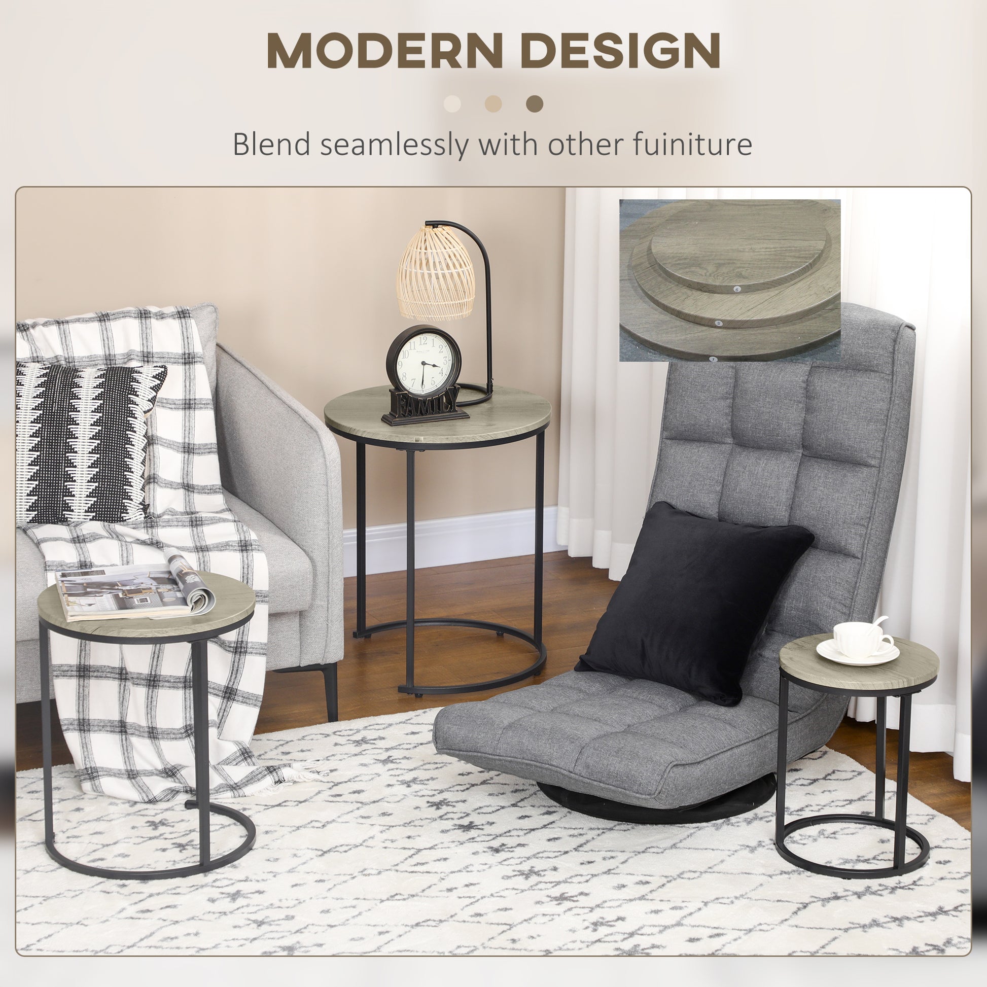 HOMCOM Modern 3-Piece Round Nesting Coffee Tables, Grey Wood Grain Design