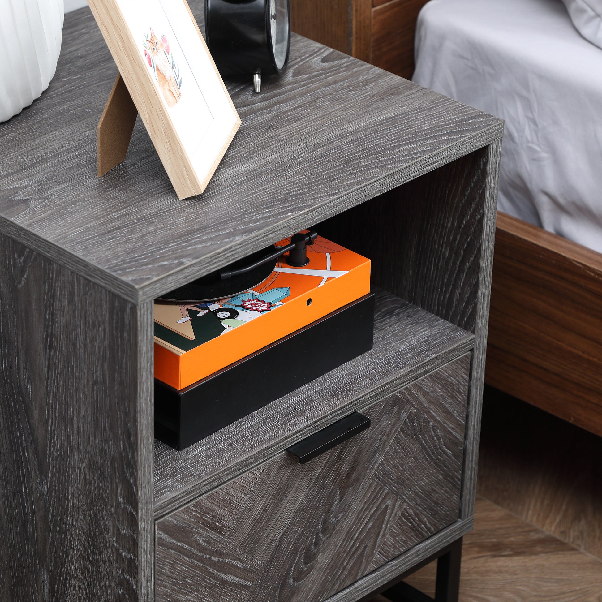 HOMCOM Modern Dark Grey Bedside Table with Drawer and Open Shelf Storage