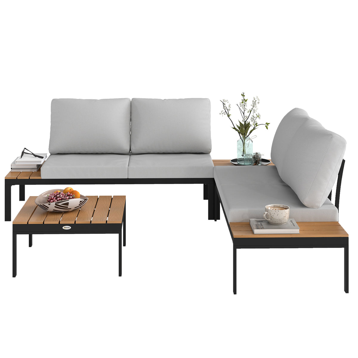 4 Piece L Shaped Garden Furniture Set, 4 Seater Outdoor Corner Garden Set, 2 Loveseats, 2 Coffee Tables