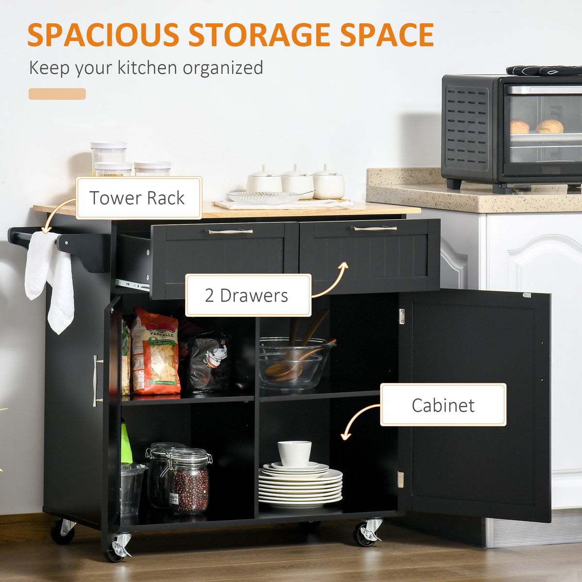 Kitchen Cart on Wheels with 2 Storage Drawers – 41"W x 36"H