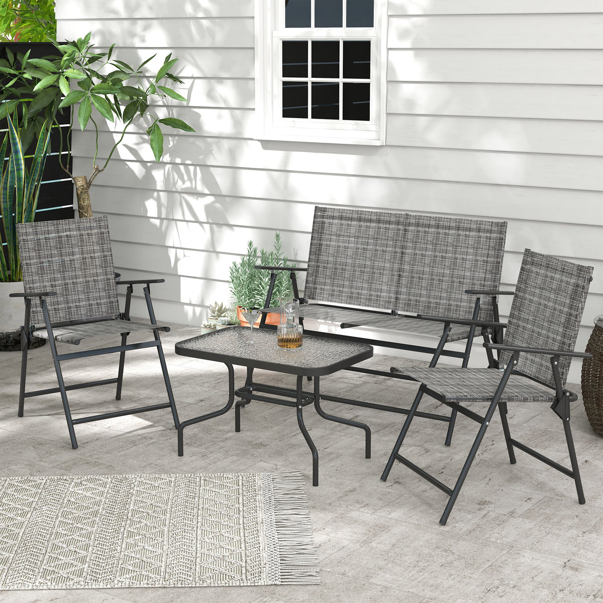 Outdoor 4 Pieces Patio Furniture Set, Garden Set with Two Foldable Armchairs, a Loveseat & Glass Top Table – Mixed Grey
