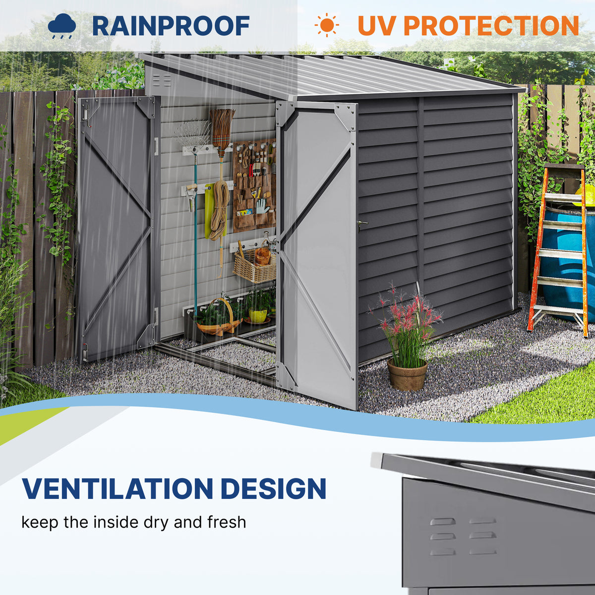4.6' x 9' Steel Outdoor Storage Shed, Lean to Shed w/ Foundation Kit, Lockable Doors, Gloves & Air Vents for Backyard, Patio – Grey