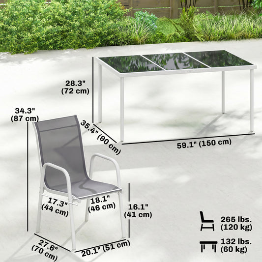 7 Piece Garden Dining Set, Garden Furniture Set with Rectangle Table and 6 Stackable Chairs – Grey, White, Black