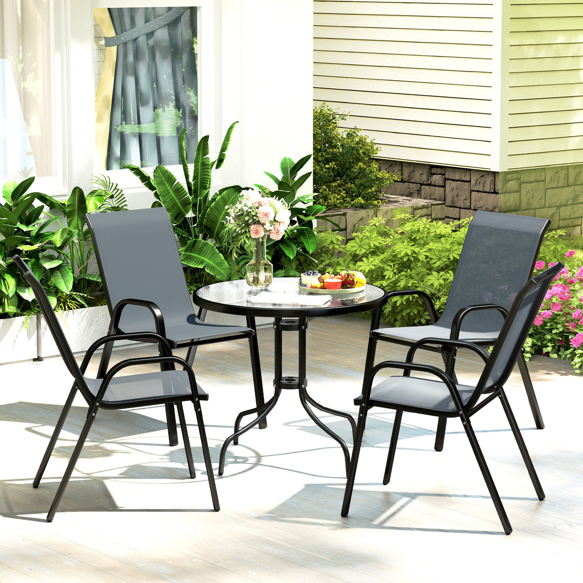 Five-Piece Steel Patio Set, with Glass-Top Table - – Dark Grey