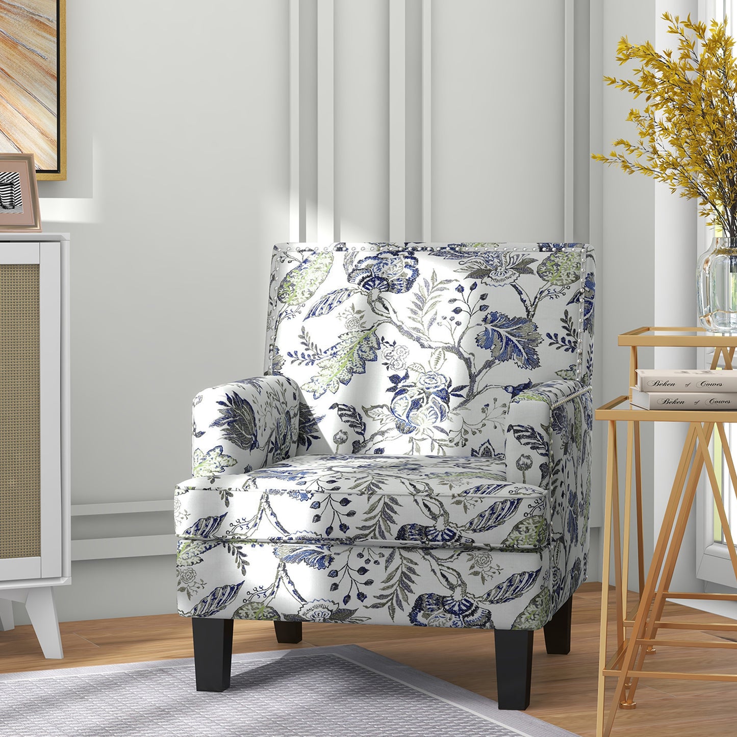 HOMCOM Mid-Century Upholstered Accent Armchair, Floral Pattern, Nailhead Trim, Multicolour