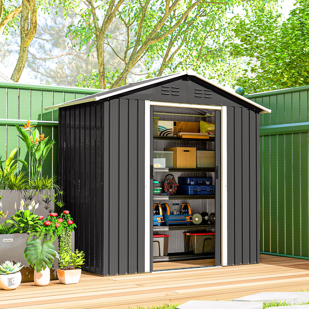 6.5x3.5ft Metal Garden Storage Shed for Outdoor Tool Storage with Double Sliding Doors and Vents – Dark Grey