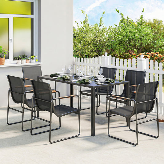7 Pieces Outdoor Dining Set for 6, Glass Patio Table and Chairs with Decorative Armrests, All Weather Mesh