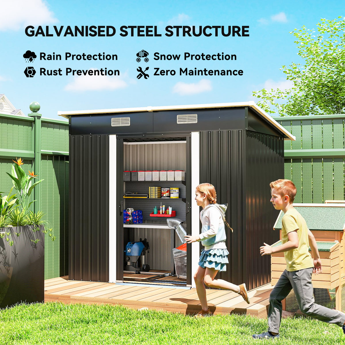 7'x 4' Metal Patio Storage Shed Garden Lockable Shed Tool Utility Storage Unit – 79.9" L x 51.2" W x 71.7" H – Black