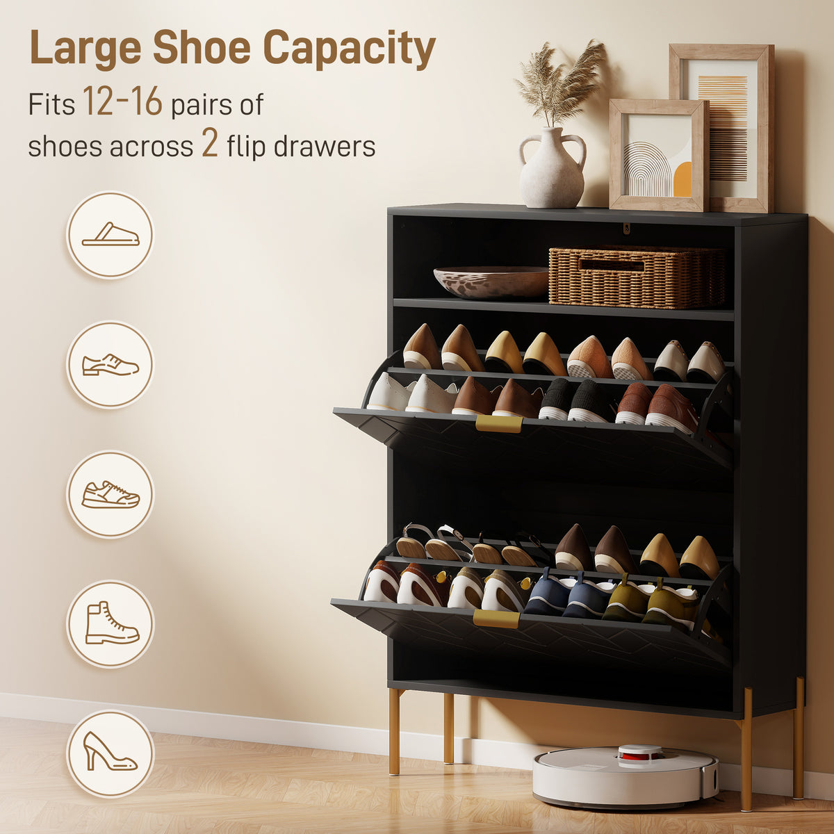 Shoe Cabinet with 2 Flip Drawers – 31"W x 43"H