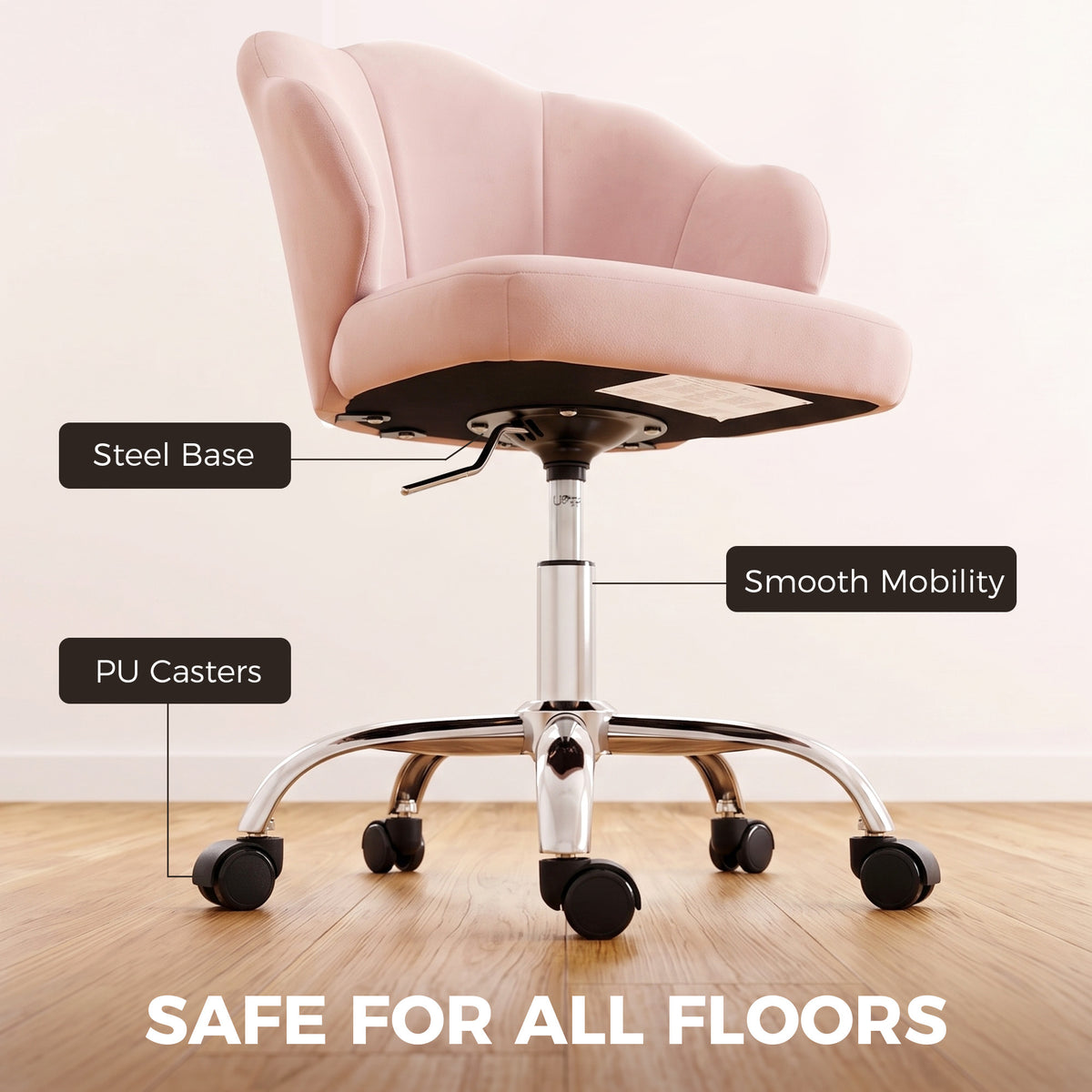Task Desk Chair, Petal Office Chair with Swivel Wheels with Wide Seat, Velvet, Pink