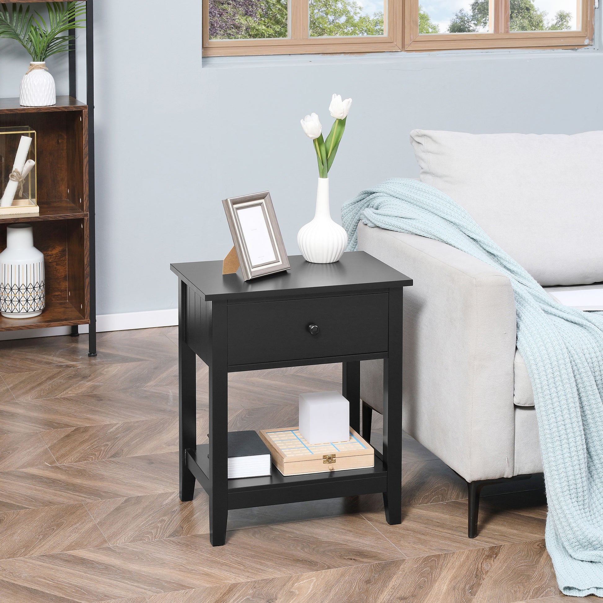 HOMCOM Modern Black Nightstand End Table with Drawer and Shelf for Bedroom Living Room