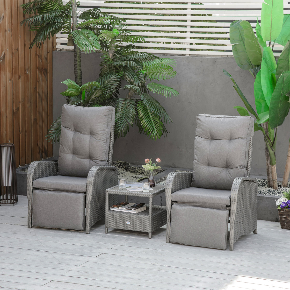 3 Pieces Patio Wicker Bistro Set, PE Rattan Coffee Table & Adjustable Recline Chairs Furniture Set with Cushions and Wood Grain Plastic Top – Grey