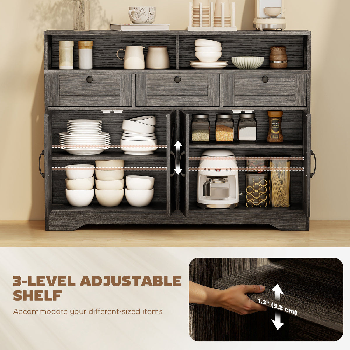 Buffet Cabinet with 4 Barn Doors and 3 Drawers – 47"W x 35"H