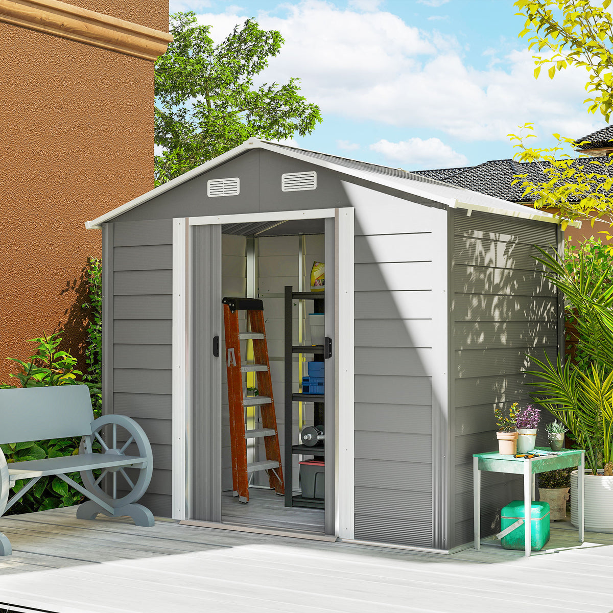 7.7' x 6.5' Outdoor Metal Garden Shed House Hut Gardening Tool Storage with Ventilation