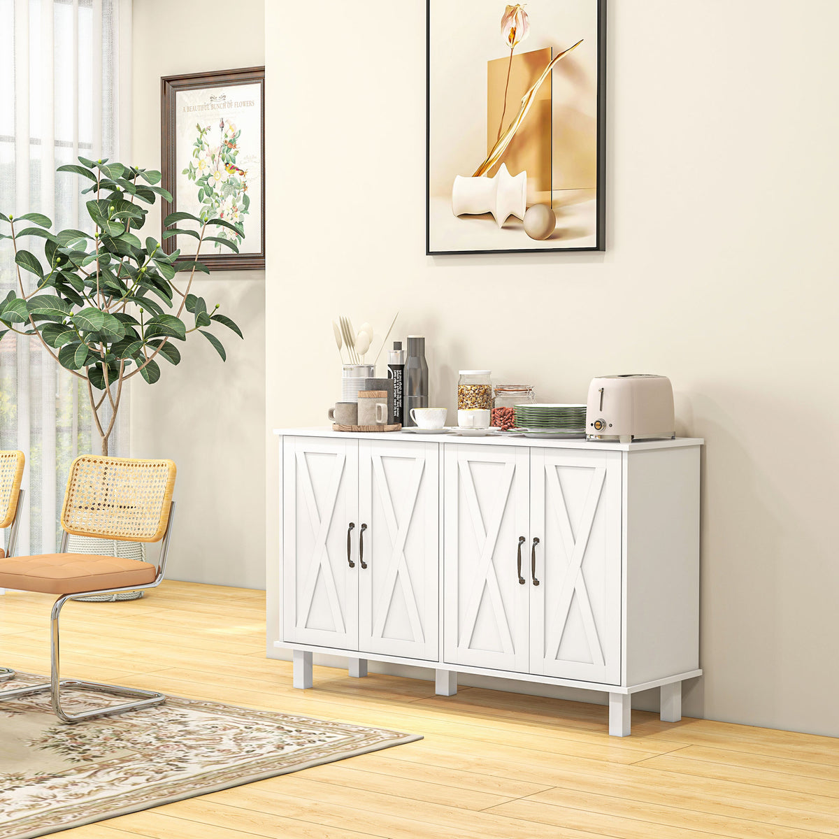 Kitchen Sideboard Cabinet with 4 Barn Doors and 2 Adjustable Shelves – 47"W x 30"H