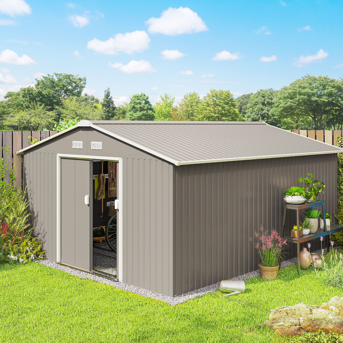 11' x 13'Garden Storage Shed w/ Foundation Kit Metal Tool Storage House w/ Double Doors – Light Grey