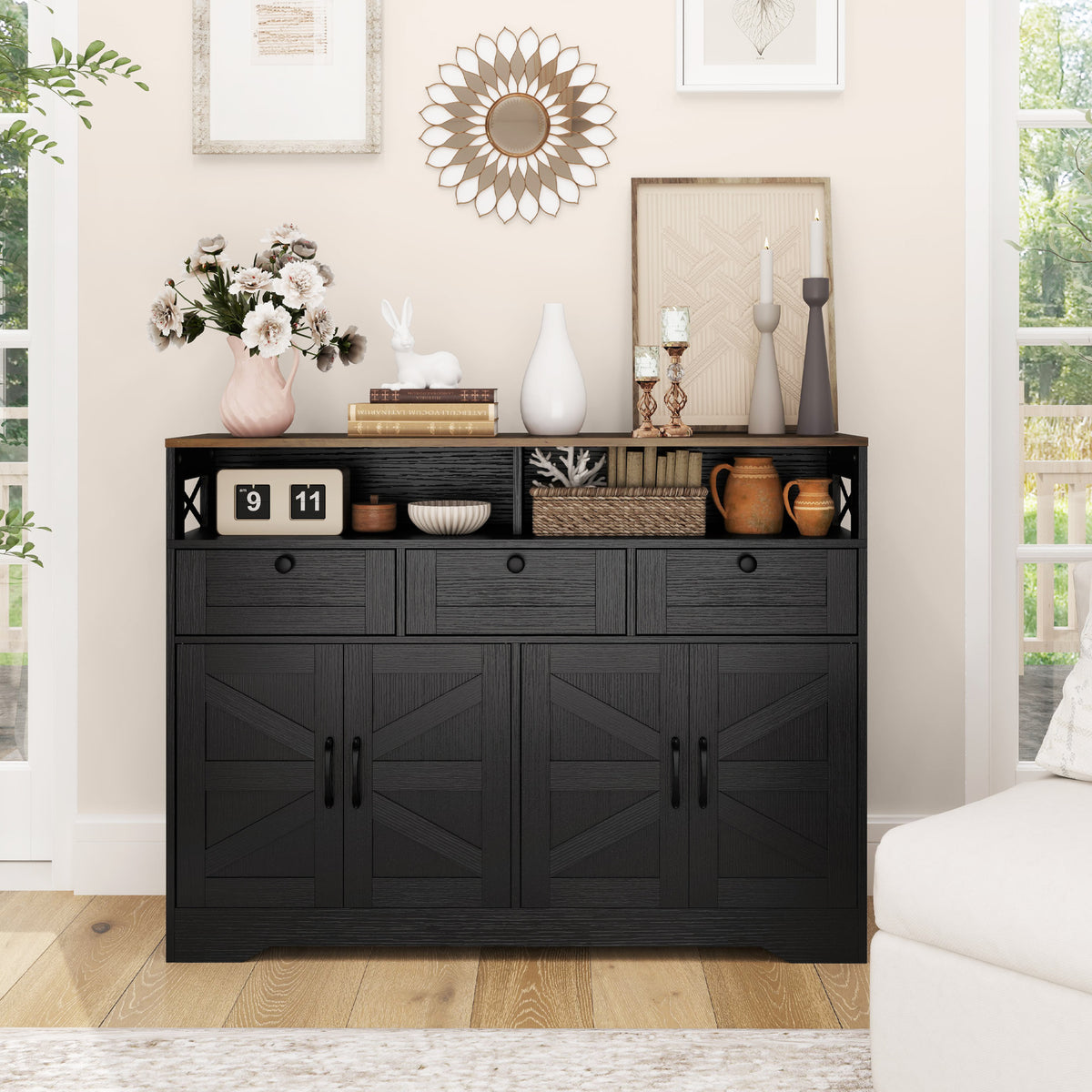 Buffet Cabinet with 4 Barn Doors and 3 Drawers – 47"W x 35"H