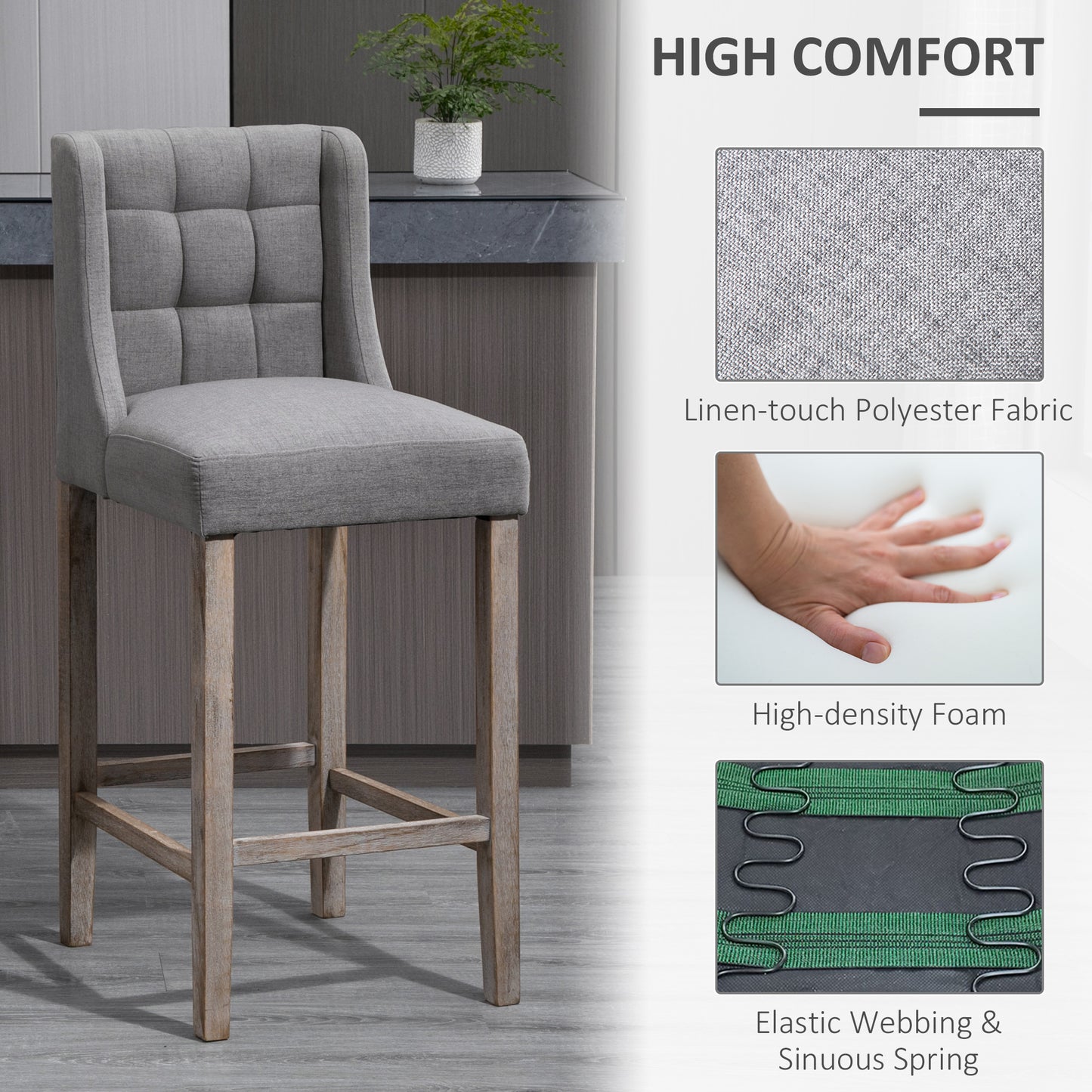 HOMCOM Modern Tufted Counter Stools Set of 2, Grey Upholstered