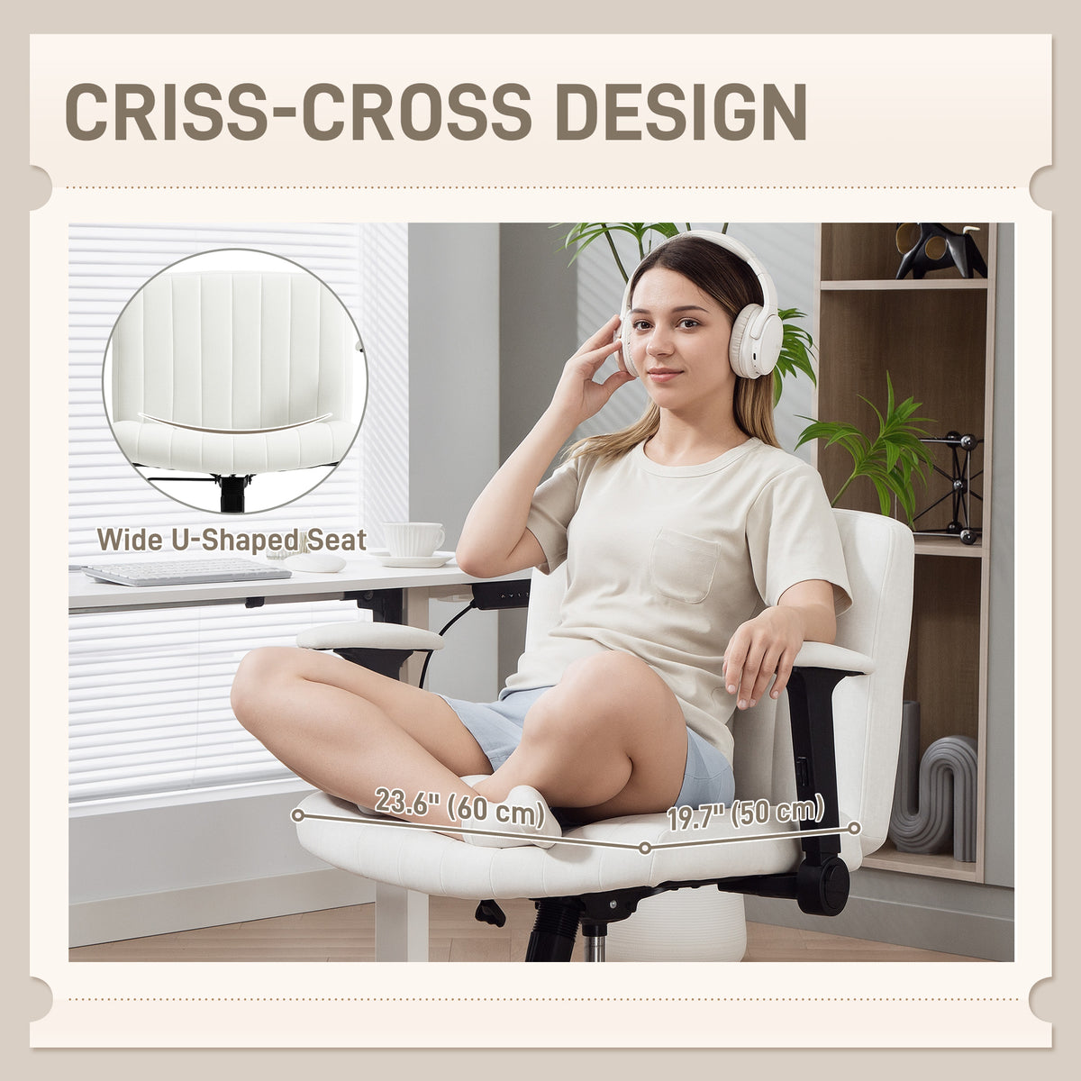 Criss Cross Chair with Flip-up Armrests, Wheels, Cream White