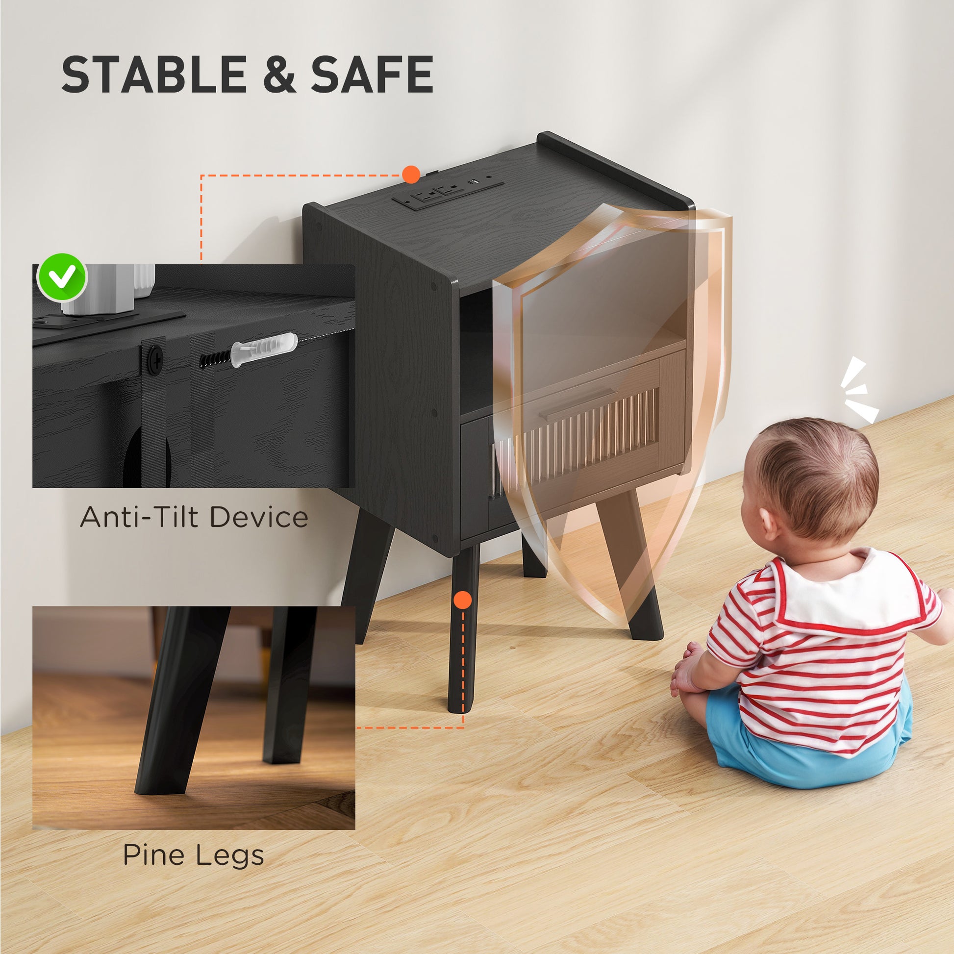 HOMCOM Modern Black Nightstands Set of 2 with Charging Station