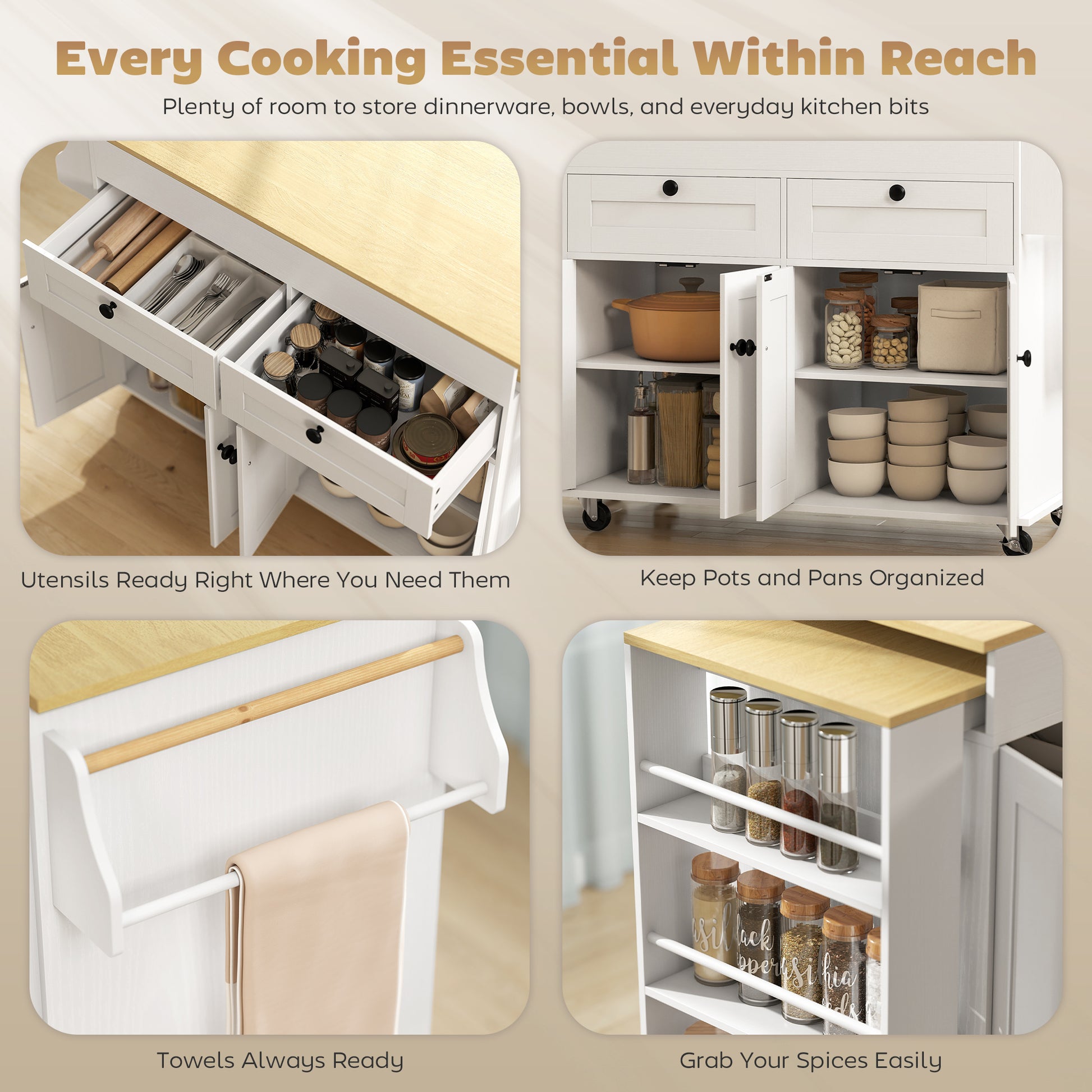 HOMCOM Kitchen Island with Expandable Sliding Top, Rolling Cart White