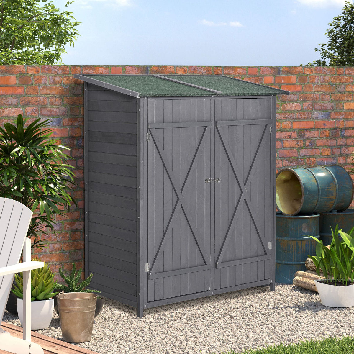 Garden Storage Shed Asphalt Roof Wooden Timber Double Door Utility Storage House with Shelf, Green and