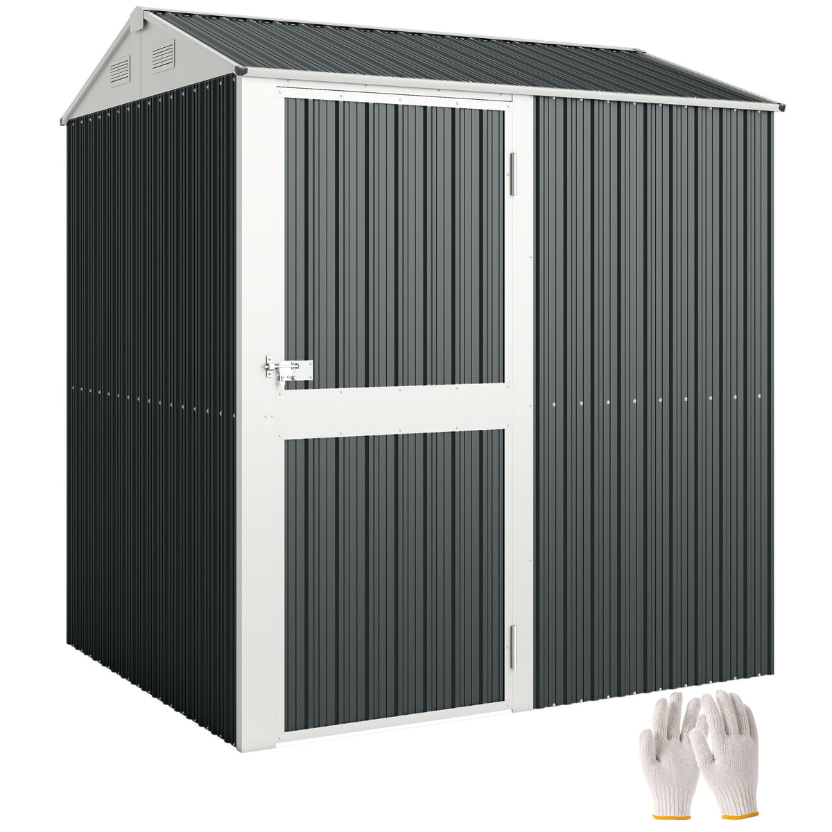 7' x 6' Tall Outdoor Storage Shed, Waterproof Metal Garden Shed with Gloves, Lockable Door – Dark Grey