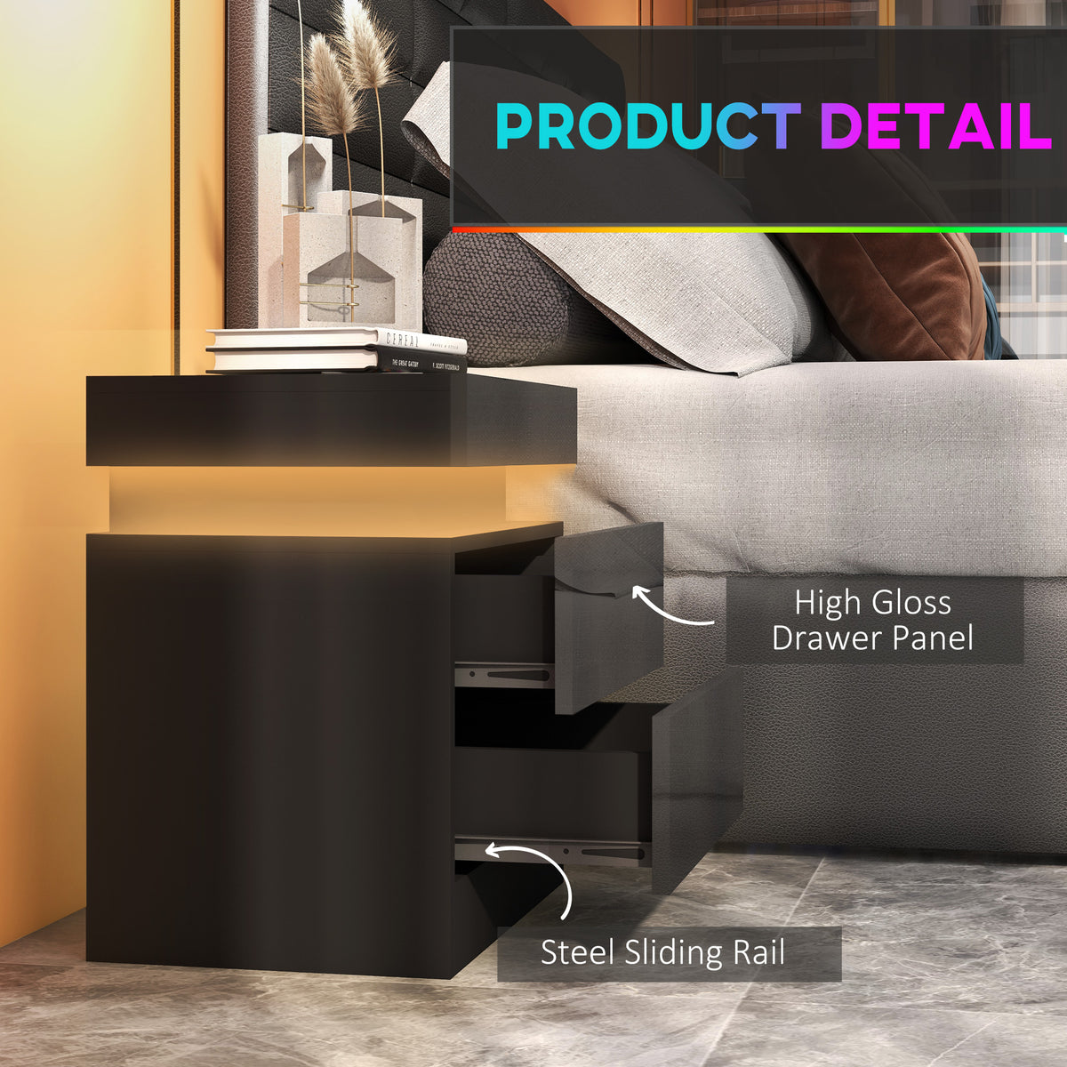LED Nightstand with 2 Drawers – 18"W x 21"H