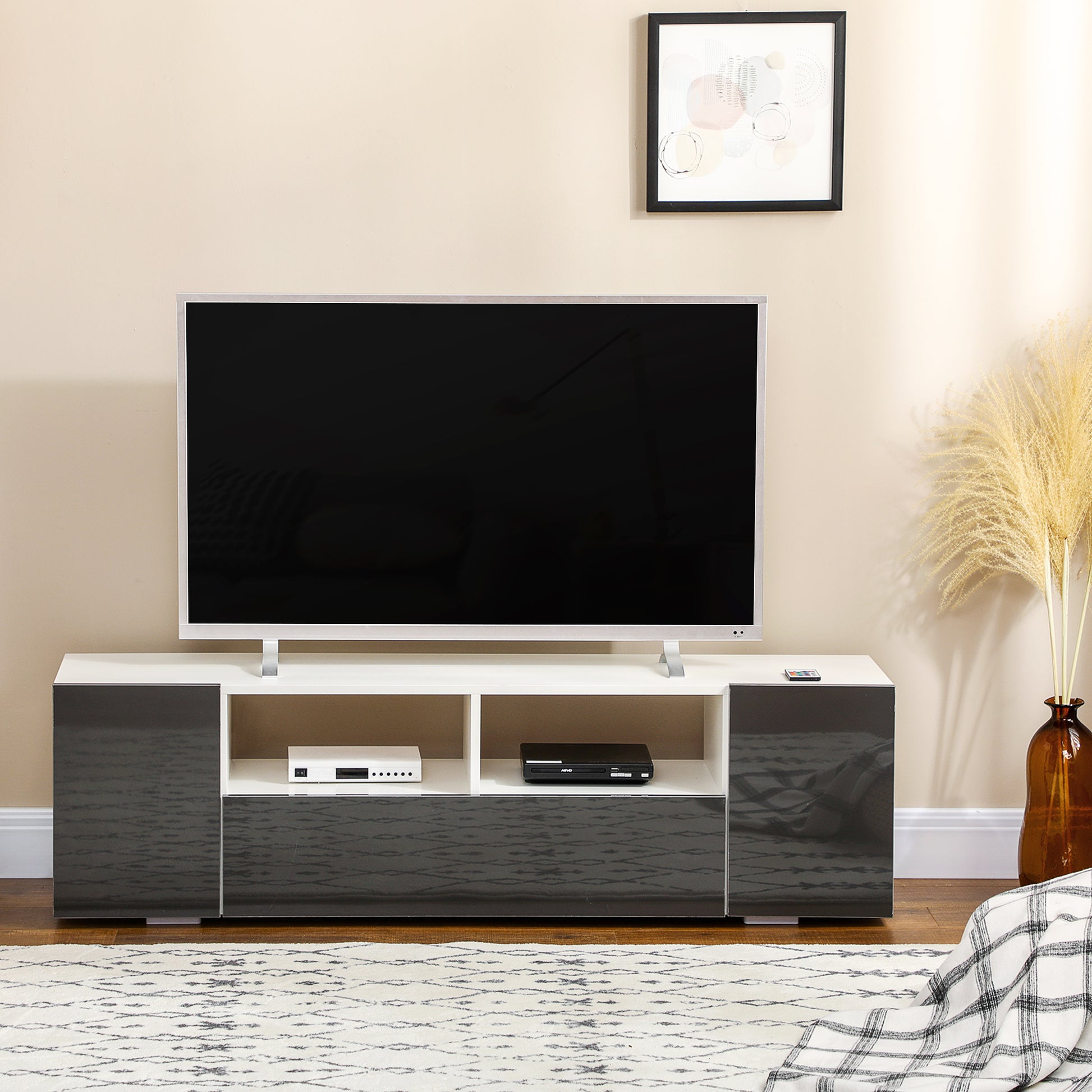 HOMCOM Modern Grey TV Stand for 60-inch TVs, LED Lights, Storage & Media