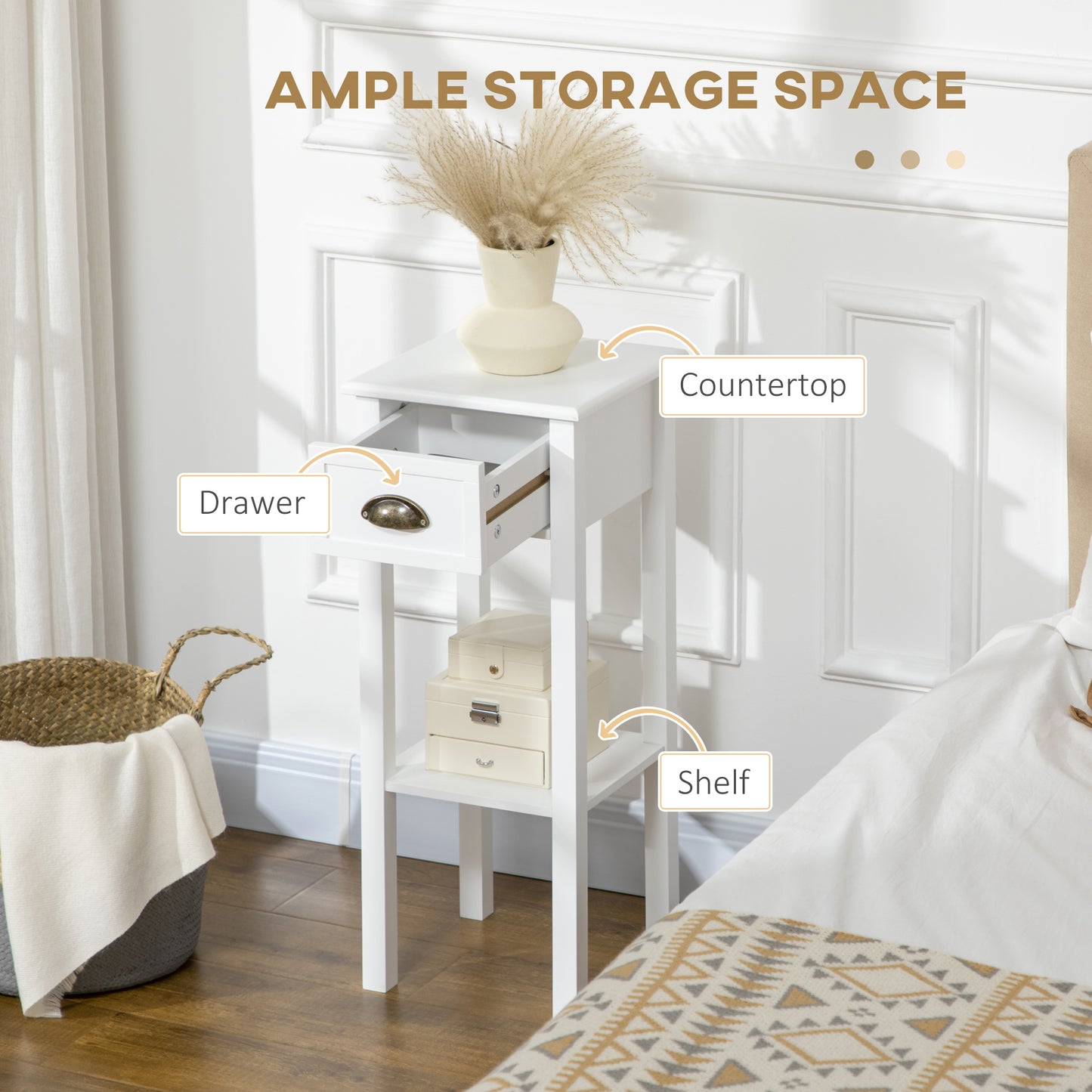 HOMCOM 2-Tier Narrow Tall End Table Set with Drawer & Shelf, White Nightstand