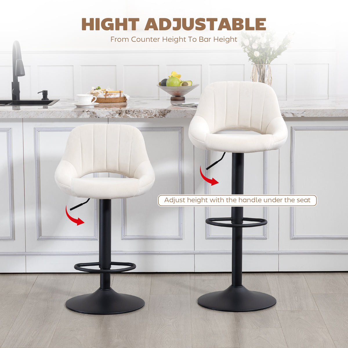 Velvet Swivel Counter Stools with Cutout Back, Set of 2, Cream White