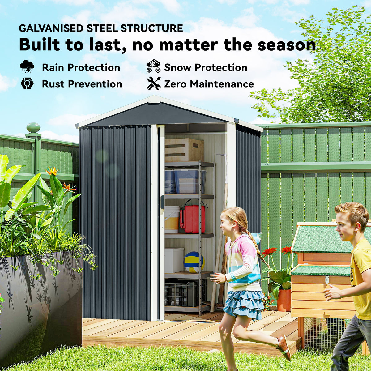 4.5 x 3ft Outdoor Storage Shed, Waterproof Metal Garden Shed with Lockable Door for Backyard, Patio, Lawn – Dark Grey