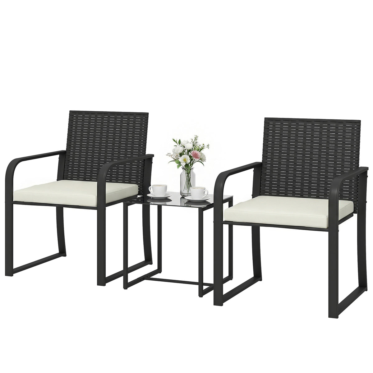 Outdoor Bistro Set, 3 Piece Wicker Patio Furniture with Mesh Seat, Glass Table, Cushions for Porch, Balcony – Cream White