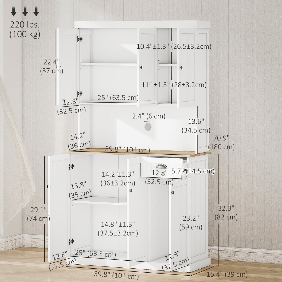 Kitchen Pantry with Hutch, Microwave Stand and Drawer – 40"W x 71"H