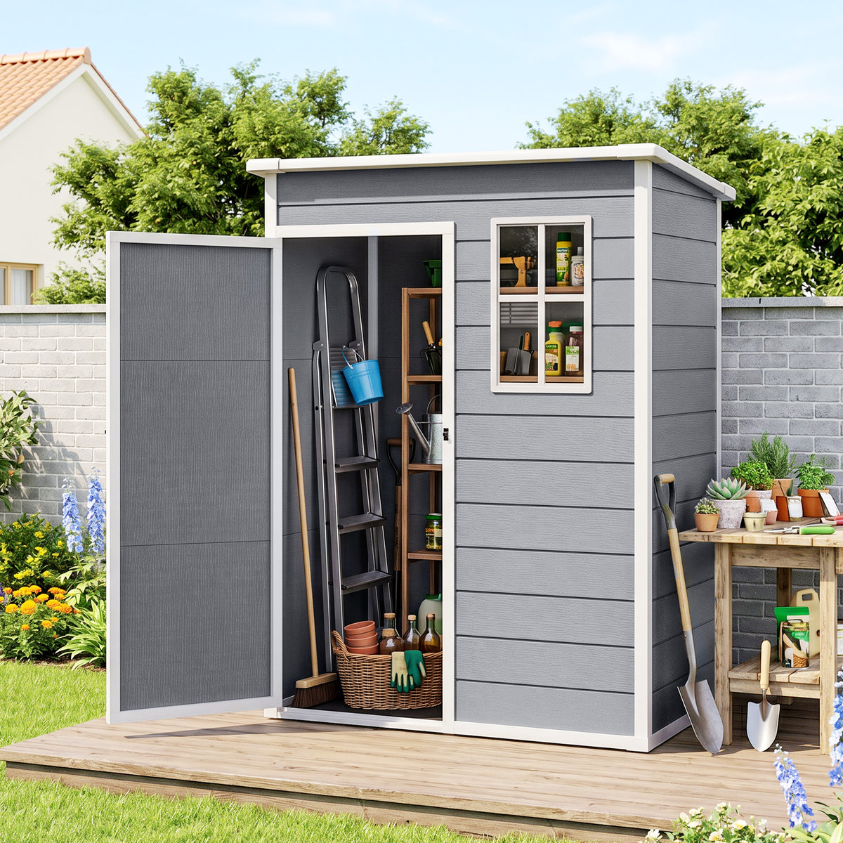 5 x 3FT Garden Shed with Floor, Outdoor Storage Shed with Lockable Door, Window and Vent for Backyard, Patio – Grey