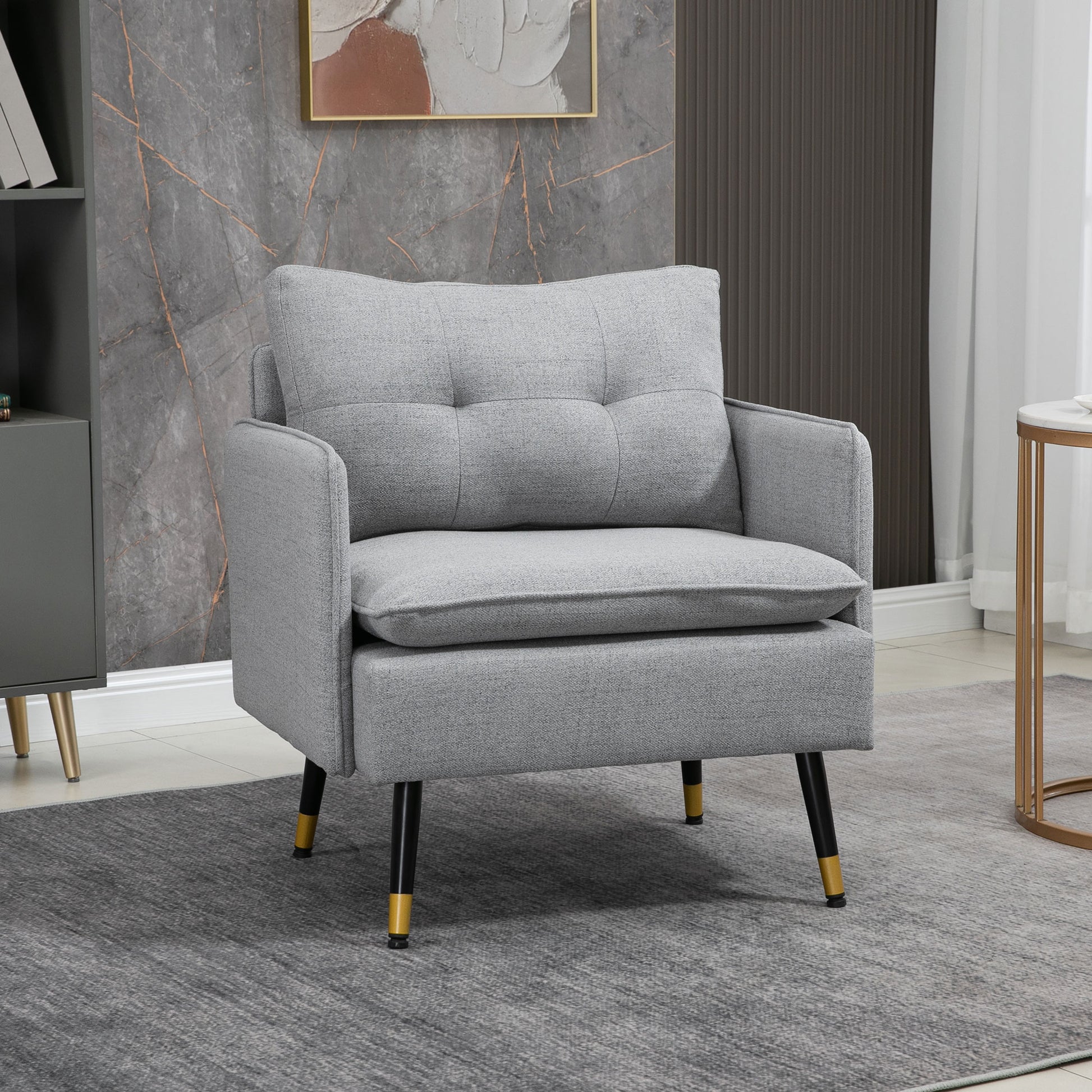 HOMCOM Grey Upholstered Accent Chair, Button Tufted Fabric Armchair, Steel Legs