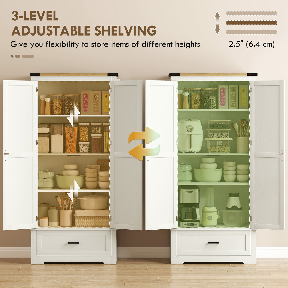 Tall Farmhouse Kitchen Pantry Cabinet with 2 Doors – 31"W x 69"H