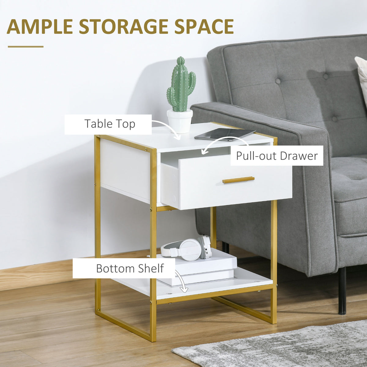 Nightstands with Drawer, Shelf and Steel Frame, Set of 2 – 18"W x 24"H