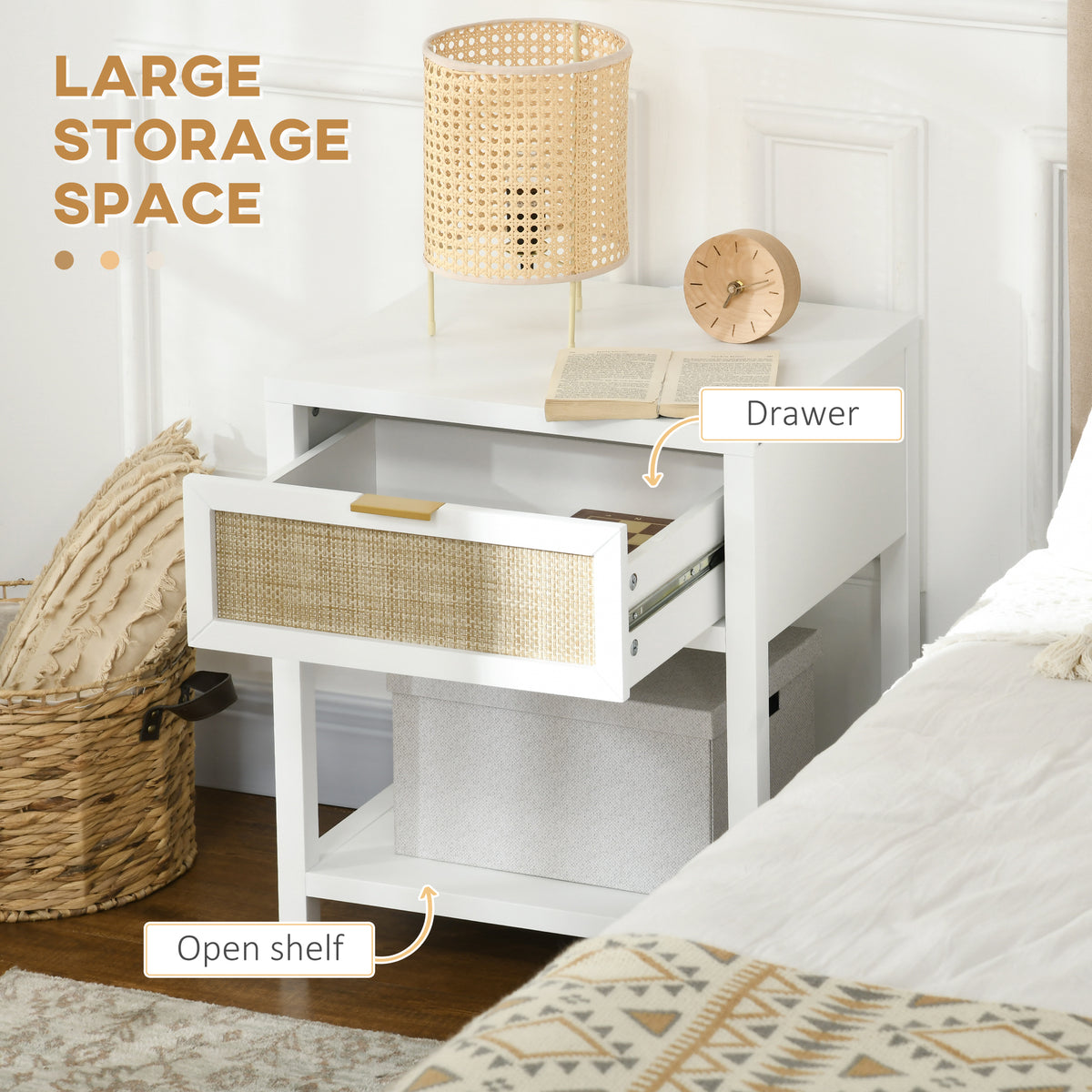 Boho Nightstand with Rattan Drawer and Open Shelf – 20"W x 24"H