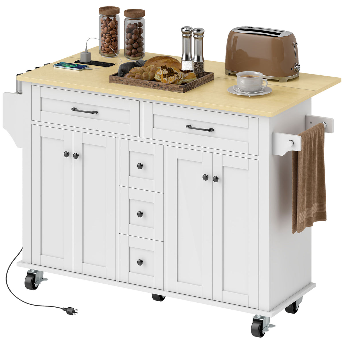 Kitchen Island Cart with Power Outlet & Drop Leaf – 55"W x 35"H
