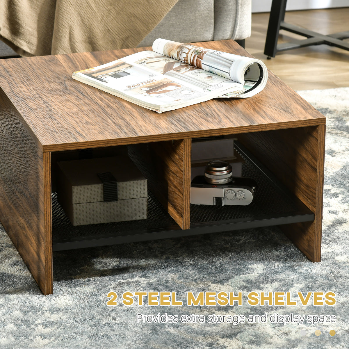 Industrial Nesting Coffee Table Set of 2 with Mesh Shelves, Rustic Brown