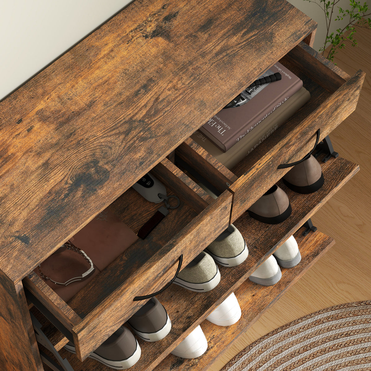 Narrow Shoe Storage with 2 Flip Drawers and Adjustable Shelves – 32"W x 36"H