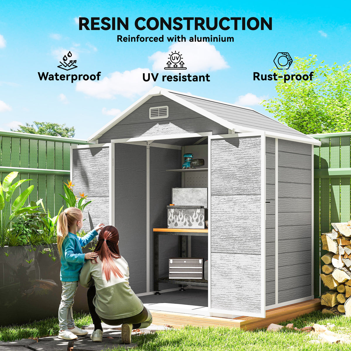 6x5 Plastic Garden Shed, Outdoor Storage Shed with Floor, Window, Lockable Doors and Vents