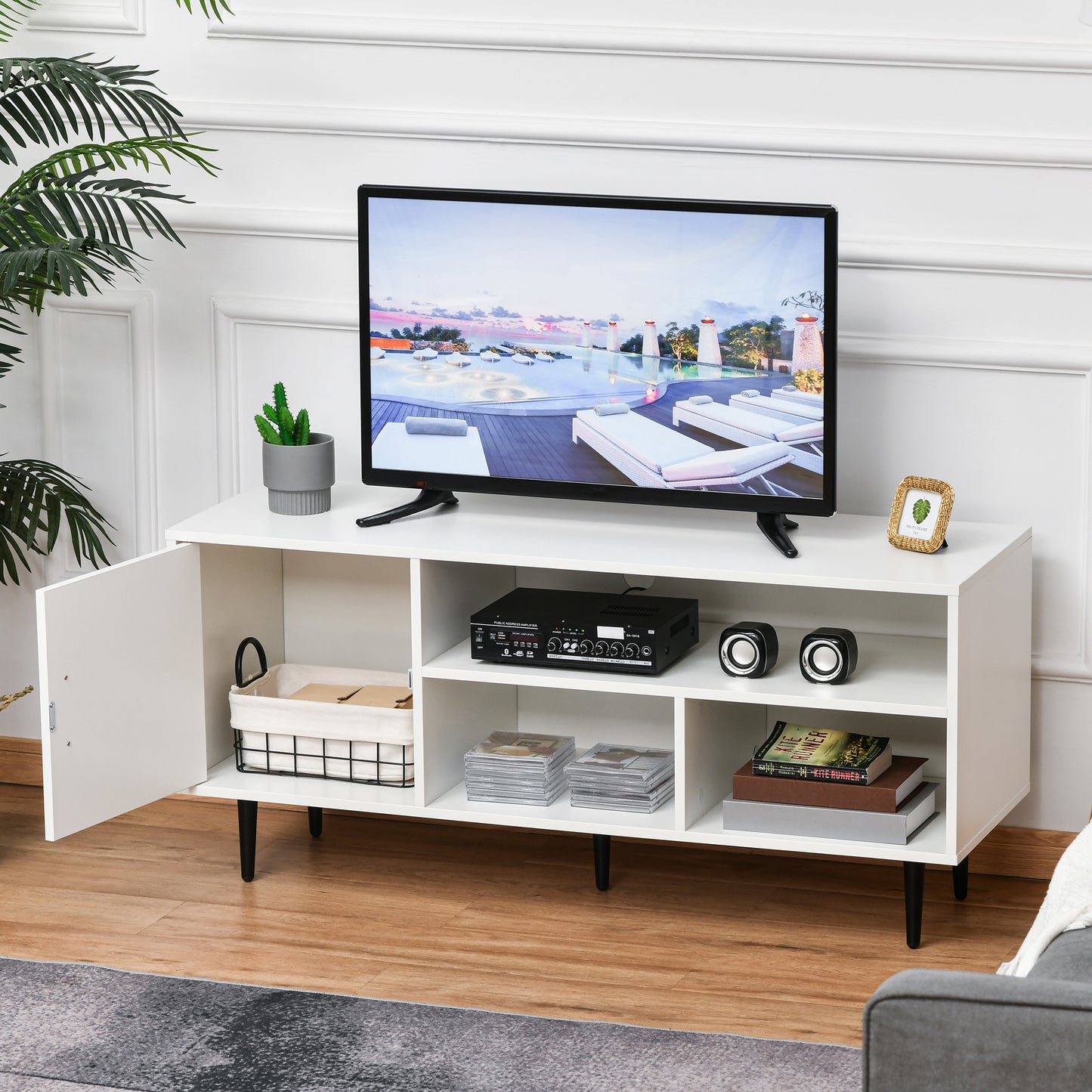 Modern White TV Stand Cabinet for 60-inch TVs, Storage, Cable Management