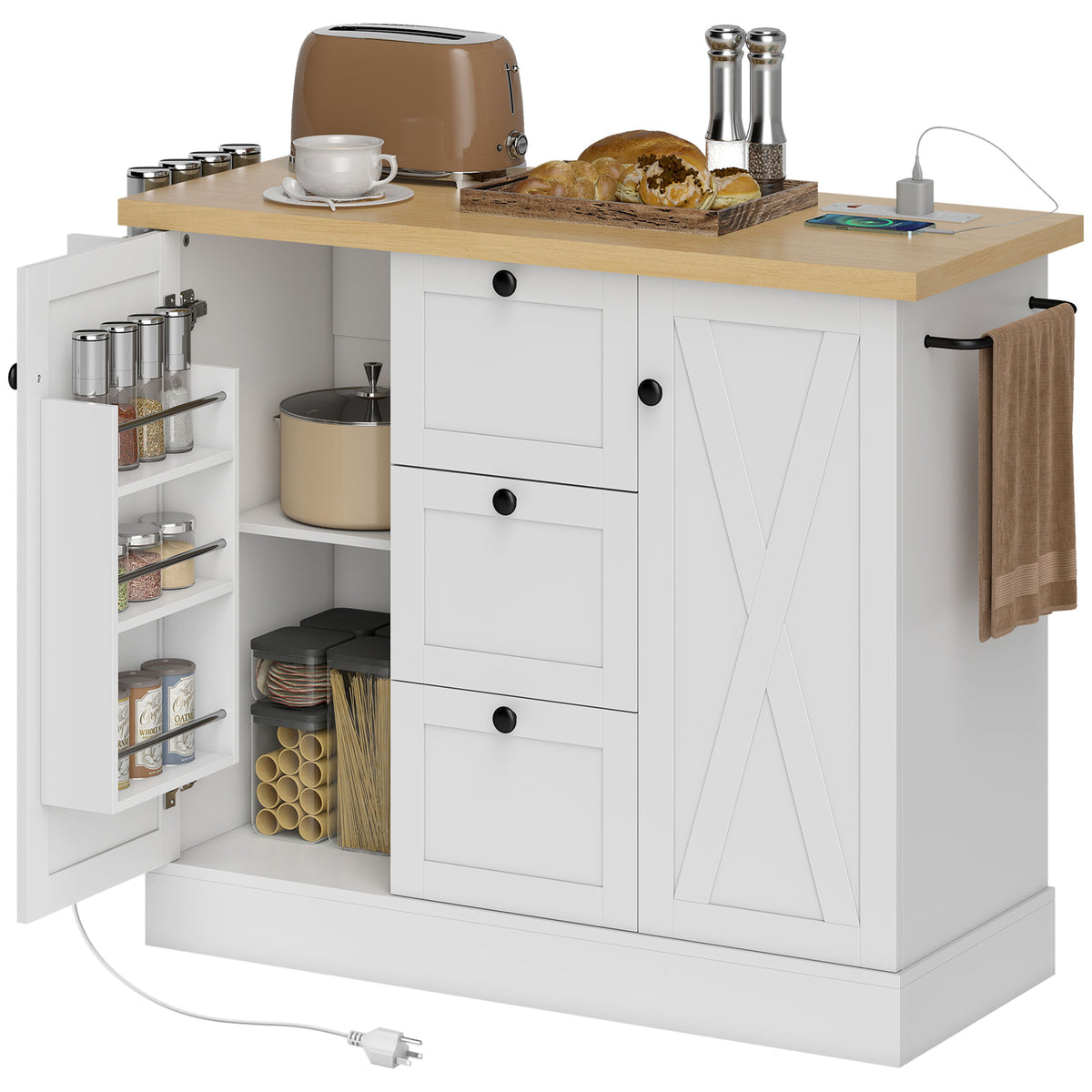Farmhouse Kitchen Island Cart with Power Outlet and Soft-Close Doors – 49"W x 35"H